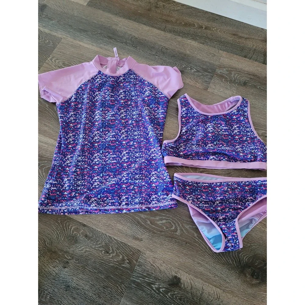 Eddie Bauer Girls 3 Piece Swimsuit Set Purple Rash Guard Bikini Kids L 14/16 #8